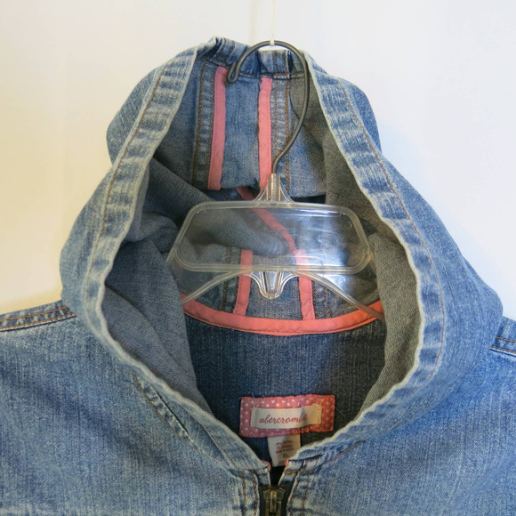 ABERCROMBIE Hooded Jean Jacket Size XL Girls Zipper Pockets Denim Blue - Picture 5 of 14
